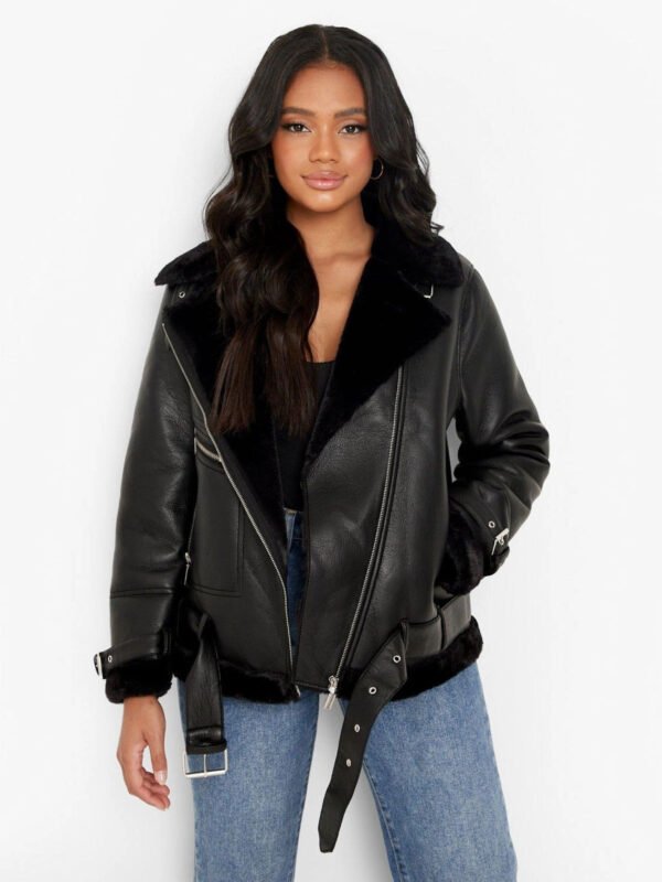 Petite Genuine Fur Leather Lined Aviator Jacket