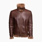 Phan's Brown Aviator Bomber Shearling Jacket With A Waist Belt