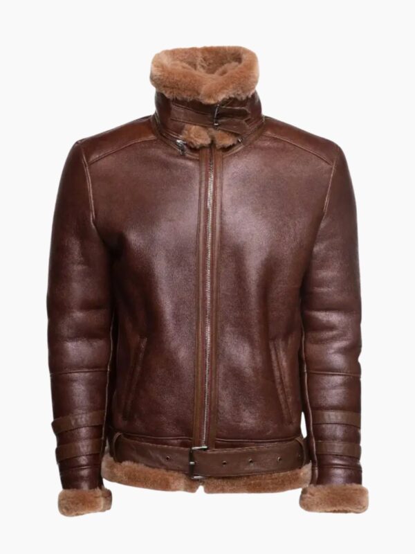 Phan's Brown Aviator Bomber Shearling Jacket With A Waist Belt