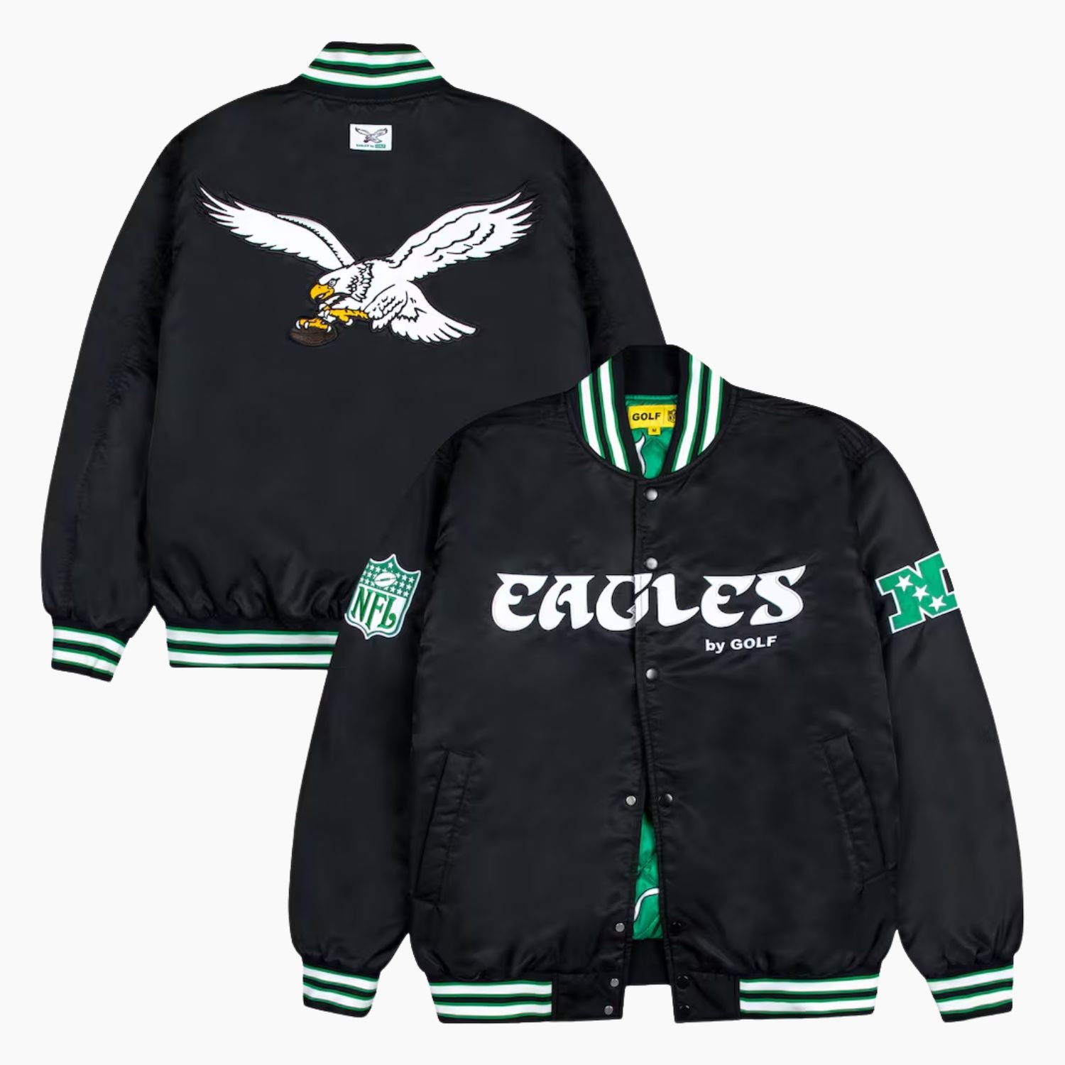 Philadelphia Eagles Green and White Rib Bomber Black Jacket Philadelphia Eagles Green and White Rib Bomber Black Jacket