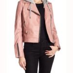 Pink Women's Hooded Real Leather Jacket