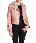 Pink Women's Hooded Real Leather Jacket