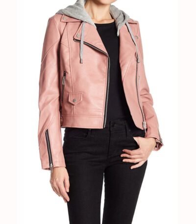 Pink Women's Hooded Real Leather Jacket