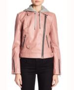 Pink Women's Hooded Real Leather Jacket