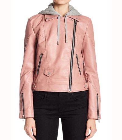 Pink Women's Hooded Real Leather Jacket
