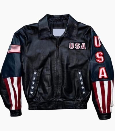 Premium Black Biker Leather Jacket USA Flag