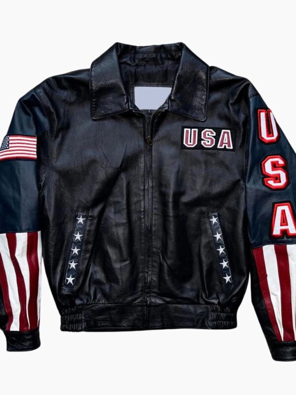 Premium Black Biker Leather Jacket USA Flag