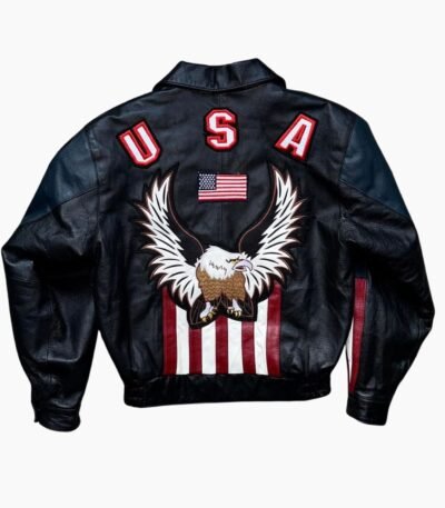 Premium Black Biker Leather Jacket USA Flag