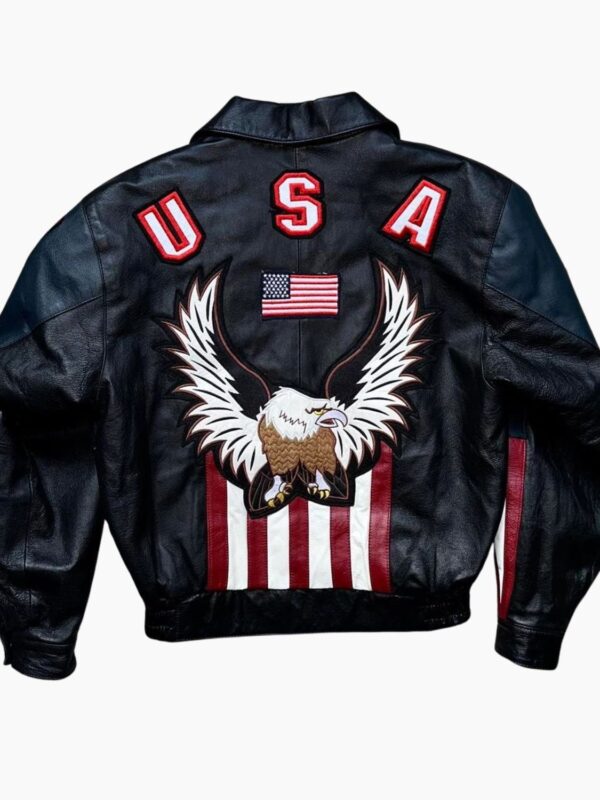 Premium Black Biker Leather Jacket USA Flag