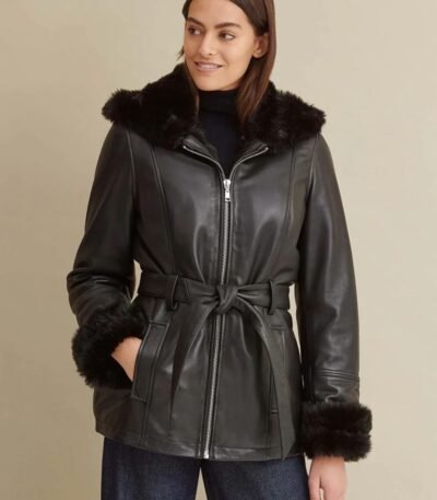 Premium Black Faux Fur Hooded Belted Leather Jacket
