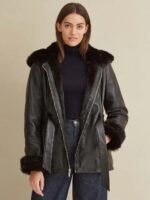 Premium Black Faux Fur Hooded Belted Leather Jacket