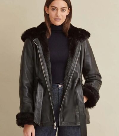 Premium Black Faux Fur Hooded Belted Leather Jacket