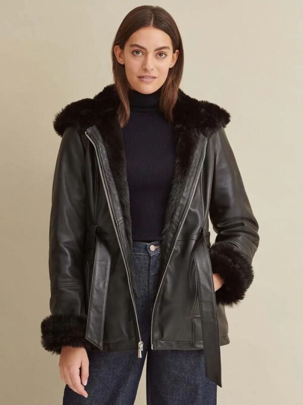Premium Black Faux Fur Hooded Belted Leather Jacket