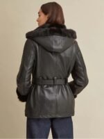 Premium Black Faux Fur Hooded Belted Leather Jacket