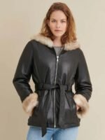 Premium Brown Faux Fur Hooded Belted Leather Jacket