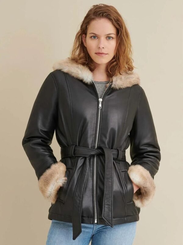 Premium Brown Faux Fur Hooded Belted Leather Jacket