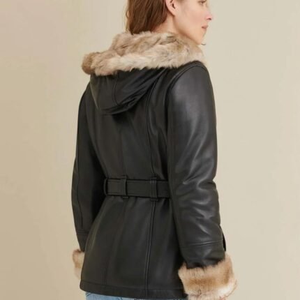 Premium Brown Faux Fur Hooded Belted Leather Jacket