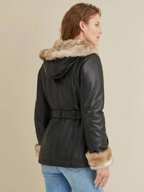 Premium Brown Faux Fur Hooded Belted Leather Jacket