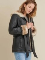 Premium Brown Faux Fur Hooded Belted Leather Jacket