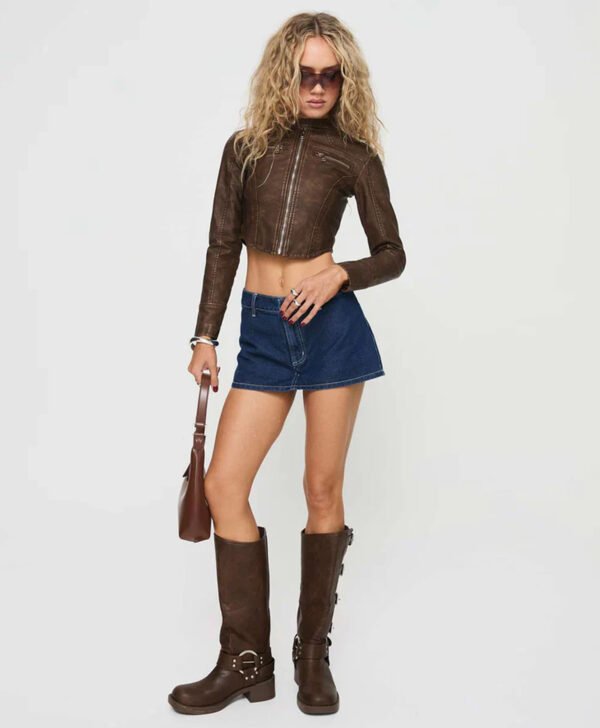Premium Brown Women Cropped Leather Jacket