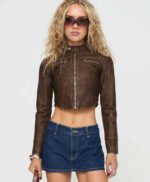 Premium Brown Women Cropped Leather Jacket