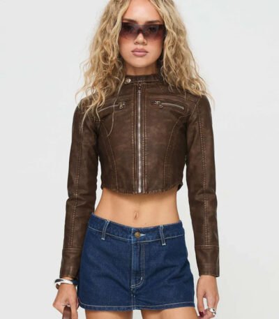 Premium Brown Women Cropped Leather Jacket