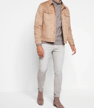 Premium Real Suede Trucker Jacket in Cappuccino Color Leather Jacket