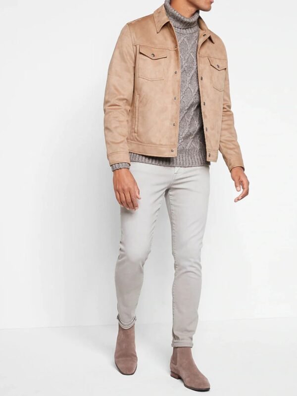 Premium Real Suede Trucker Jacket in Cappuccino Color Leather Jacket