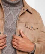 Premium Real Suede Trucker Jacket in Cappuccino Color Leather Jacket