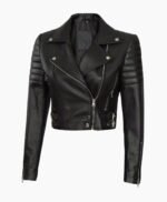 Premium Women Asymmetrical Black Cropped Moto Leather Jacket