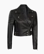 Premium Women Asymmetrical Black Cropped Moto Leather Jacket