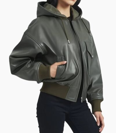 Premium Women Hooded Olive Leather Jacket