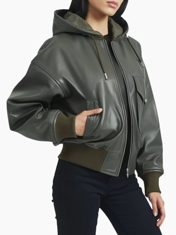 Premium Women Hooded Olive Leather Jacket