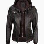 Premium Womens Dark Brown Rub Off Leather Jacket with Removable Hood