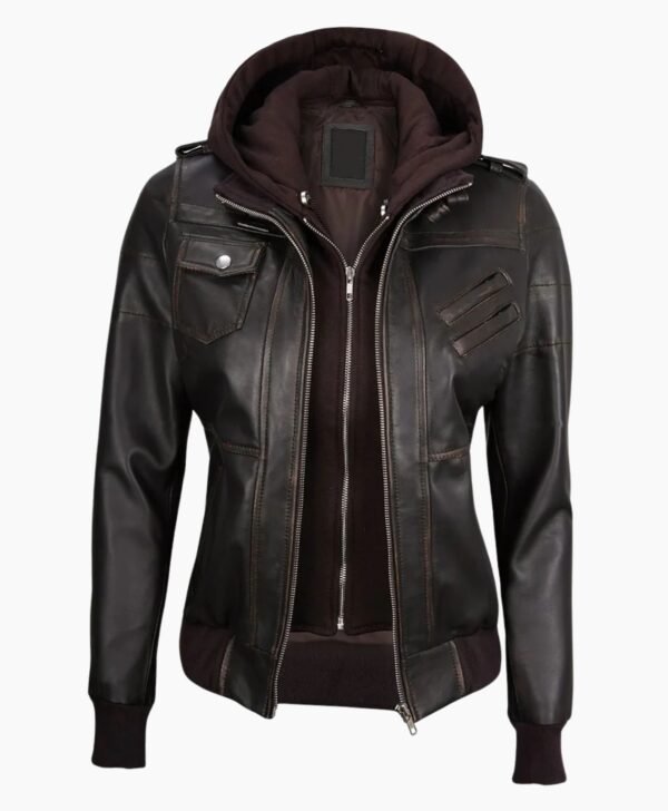 Premium Womens Dark Brown Rub Off Leather Jacket with Removable Hood