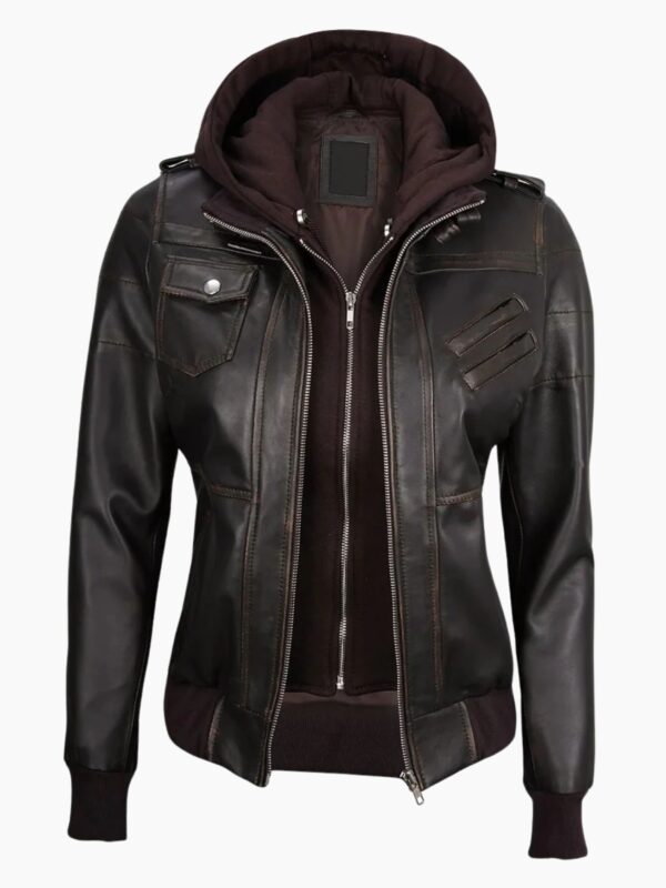 Premium Womens Dark Brown Rub Off Leather Jacket with Removable Hood