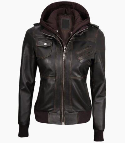 Premium Womens Dark Brown Rub Off Leather Jacket with Removable Hood