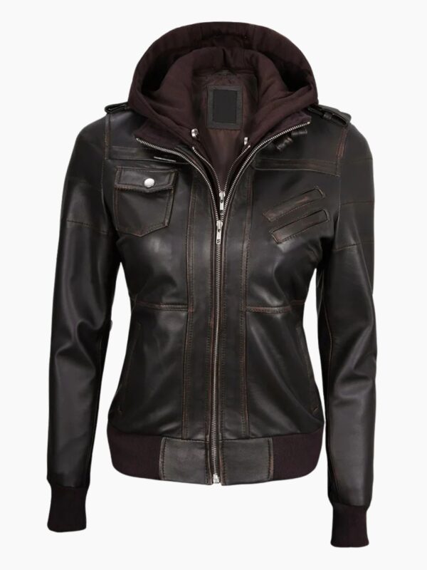 Premium Womens Dark Brown Rub Off Leather Jacket with Removable Hood