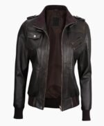 Premium Womens Dark Brown Rub Off Leather Jacket with Removable Hood
