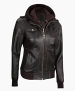 Premium Womens Dark Brown Rub Off Leather Jacket with Removable Hood