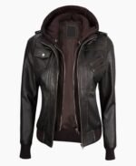 Premium Womens Dark Brown Rub Off Leather Jacket with Removable Hood