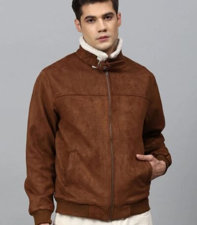 Real Brown Suede Faux Shearling Padded Style Jacket for Men