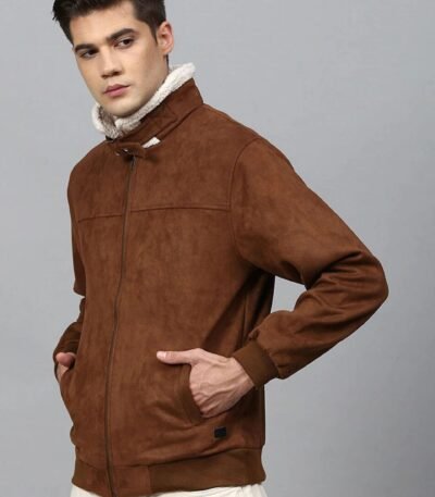Real Brown Suede Faux Shearling Padded Style Jacket for Men