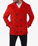 Red Double Breasted Wool Peacoat Mens