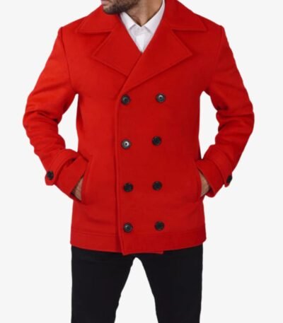 Red Double Breasted Wool Peacoat Mens
