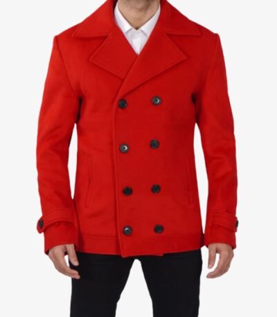Red Double Breasted Wool Peacoat Mens