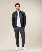 Rib Neck Bomber Style Leather Jacket