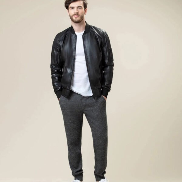 Rib Neck Bomber Style Leather Jacket