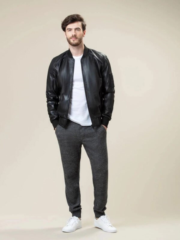 Rib Neck Bomber Style Leather Jacket