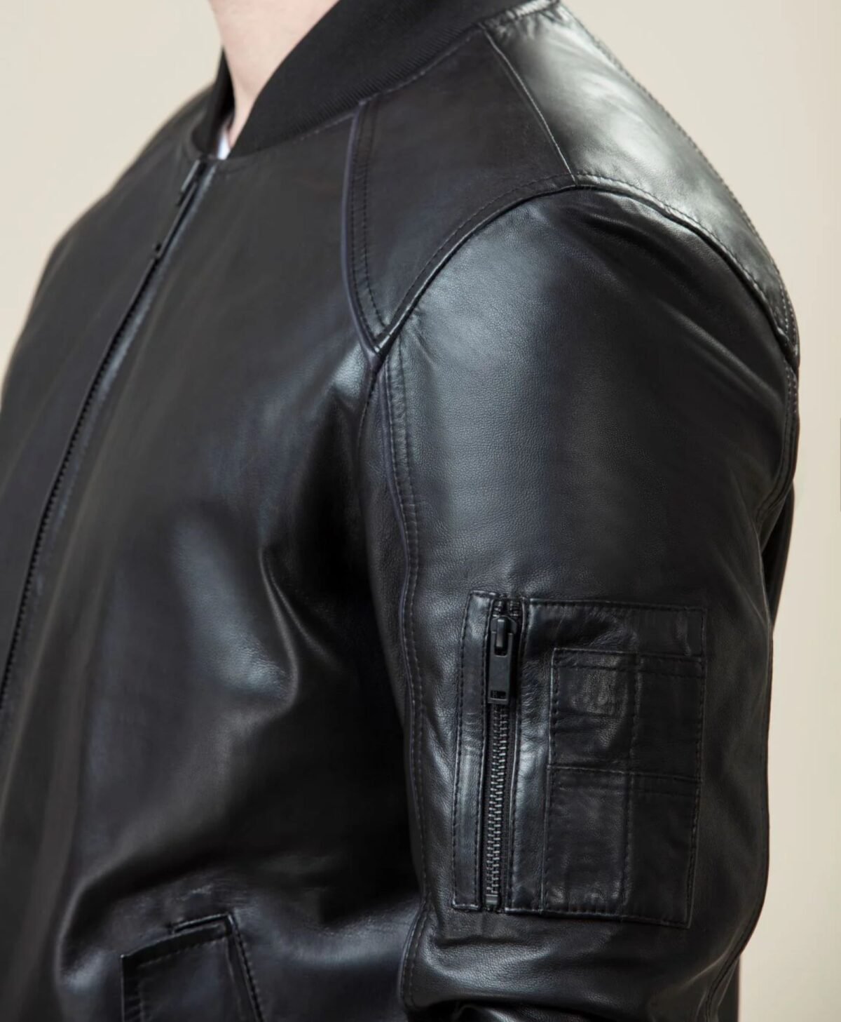 Rib Neck Bomber Style Leather Jacket